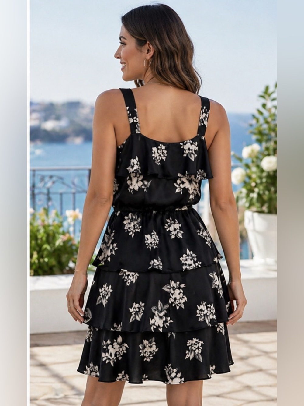 WHBM Black White Floral Tiered Ruffle Dress NWT Wedding Guest Party Cocktail - Picture 2 of 4